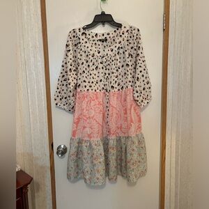 ODDY Mixed-Print Pink, Cream & Light Blue Tiered Midi Dress